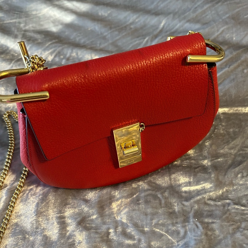 Chloe Red Leather Small Crossbody Saddle Bag with Gold Hardware - Picture 4 of 10